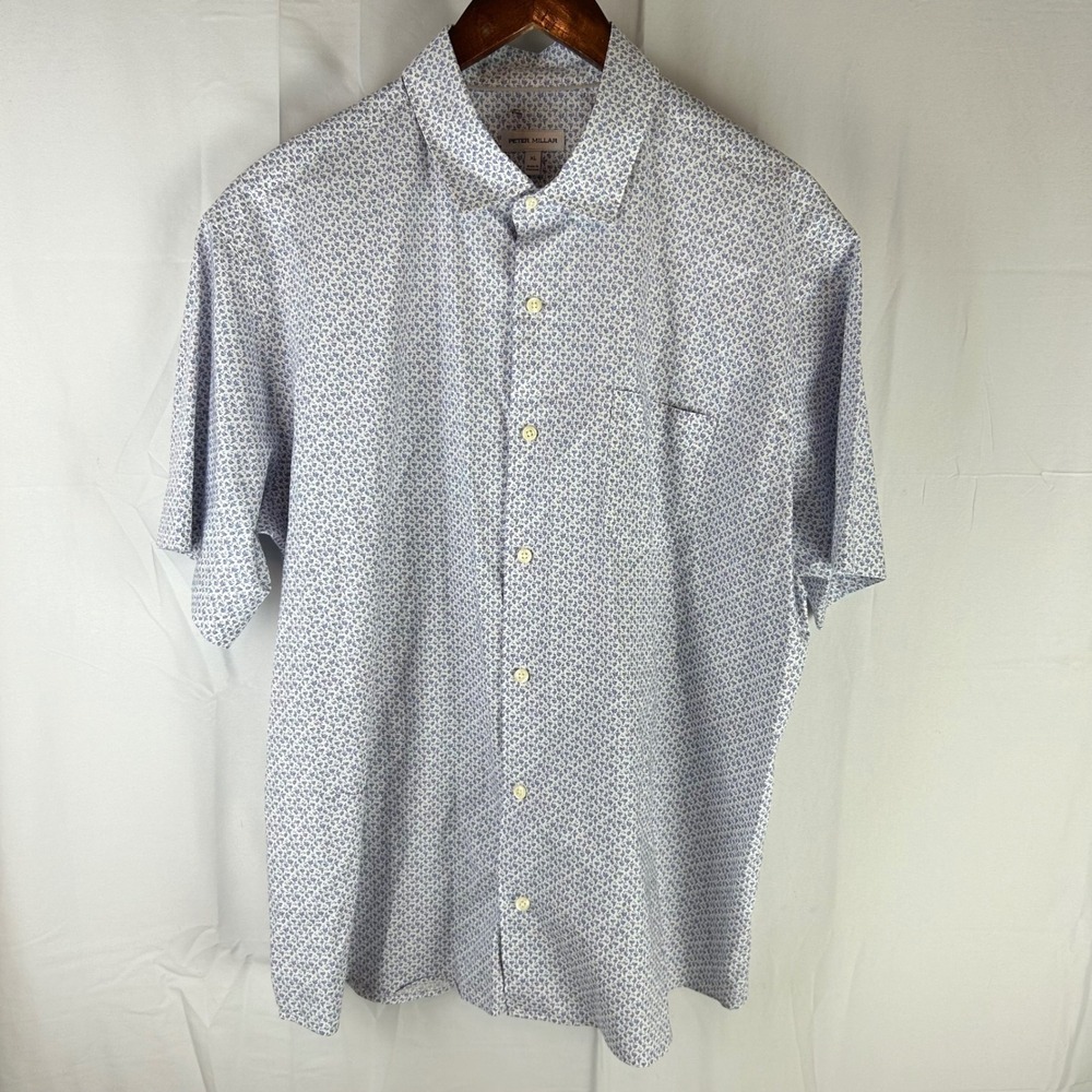 Peter Millar Button Front Mens XL White Blue Martini Glass Print Short Sleeve